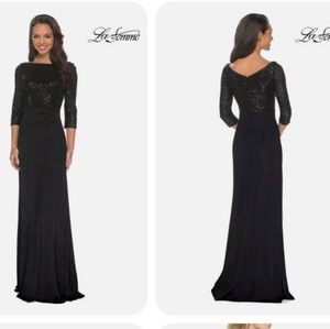 La Femme Black Sequin Jersey Gown 12
